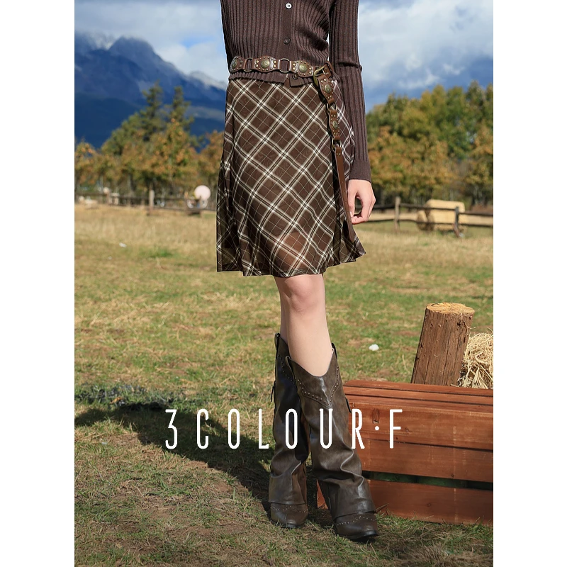 三彩独醒2025春季新款格纹网纱半身裙A字裙气质显瘦小个子F