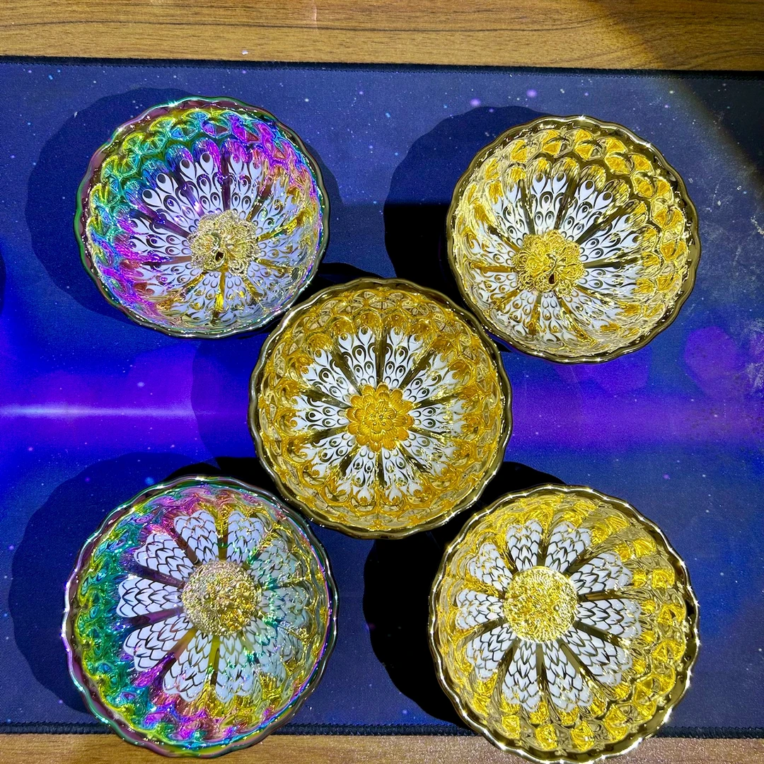 (5只金彩龙凤金莲花陶瓷盏)窑变主人杯喝茶喝水精美主人杯
