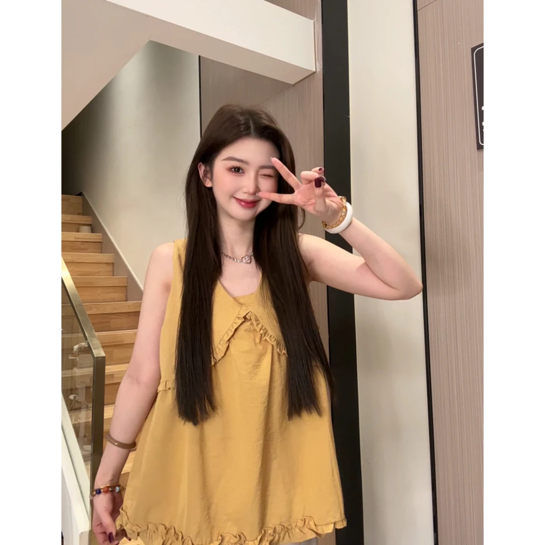 法式V领褶皱花边背心衬衫女夏季温柔宽松显瘦百搭无袖上衣设计感