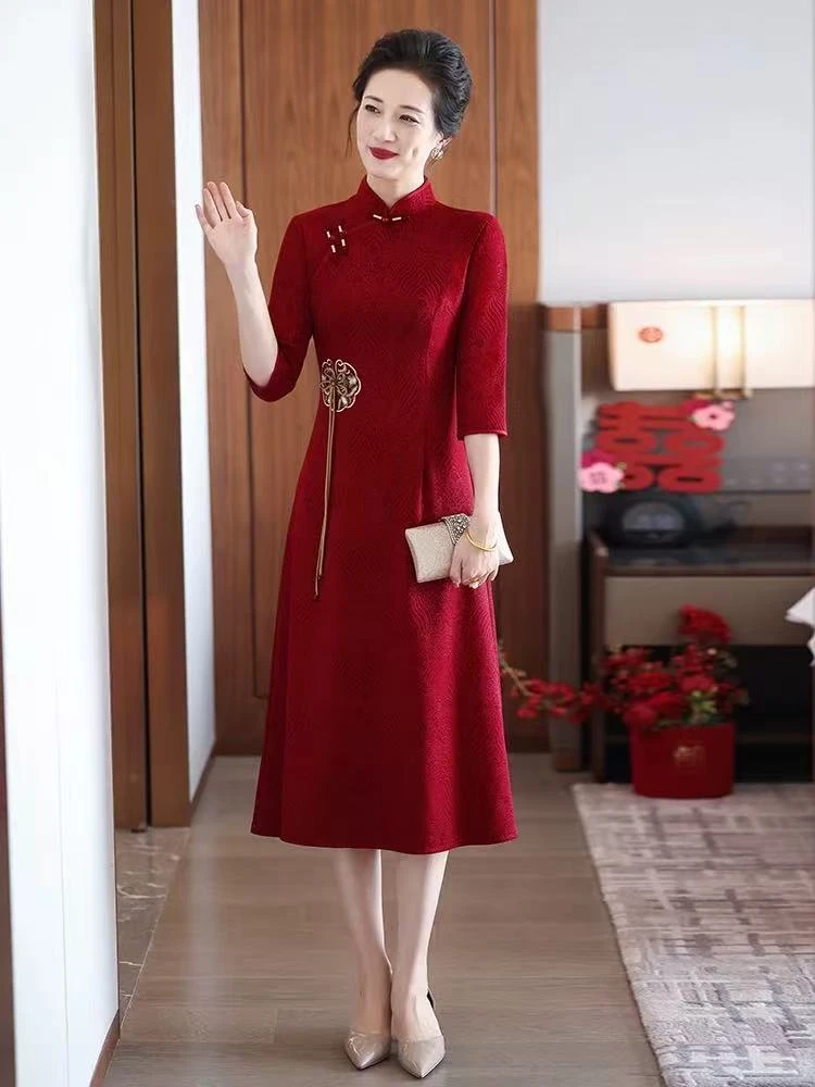 紫色新中式妈妈旗袍连衣裙10月份喜婆婆婚宴装结婚礼服秋冬中长袖