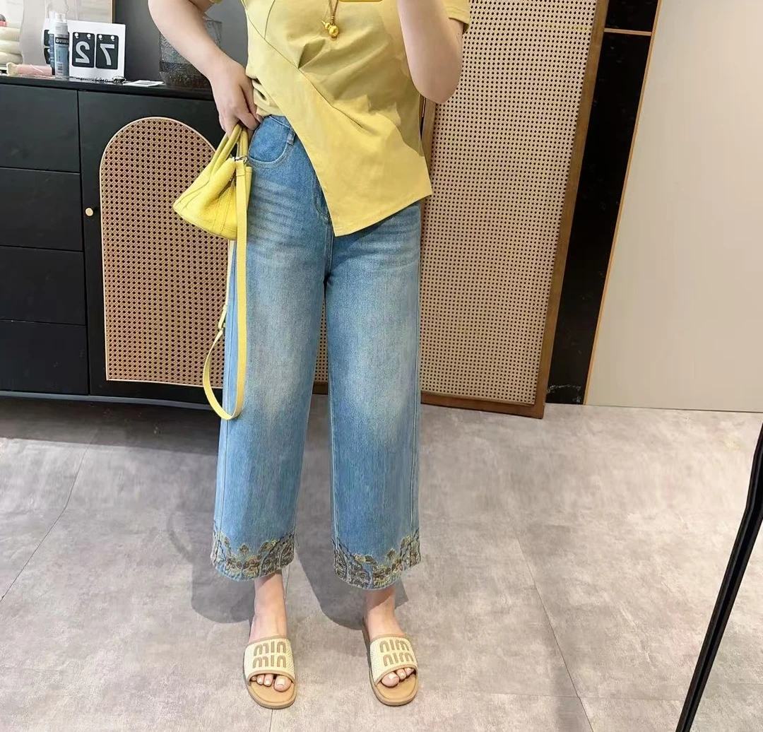 【欧加粒粒】复古刺绣七分直筒牛仔裤夏季薄款欧货显瘦 Y25061115