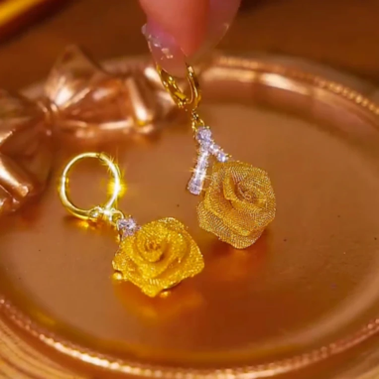 铜合金锆石耳饰 2025新款网纱玫瑰花耳环耳钩小众百搭时尚耳饰