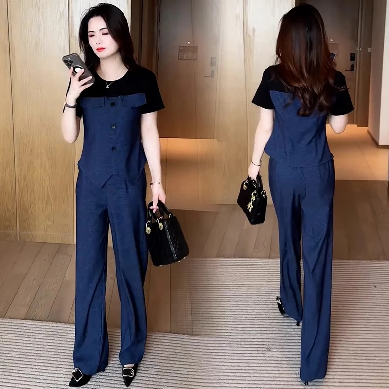 时尚套装女2025夏季新款洋气显瘦撞色拼接短袖上衣阔腿裤两件套潮