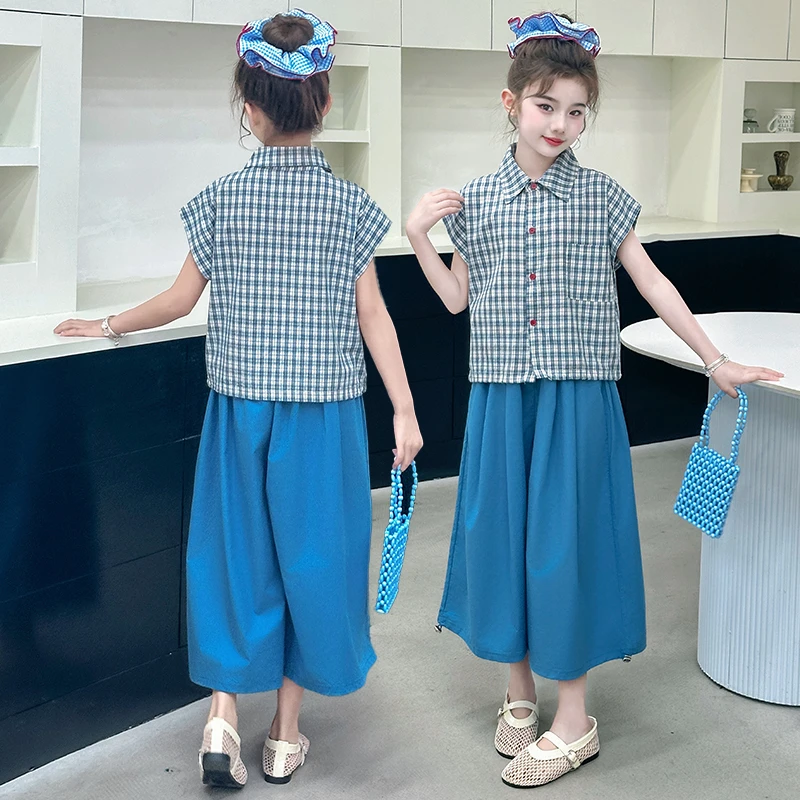 女童夏季短袖套装2025新款洋气夏装格子衬衫女孩休闲阔腿裤两件套