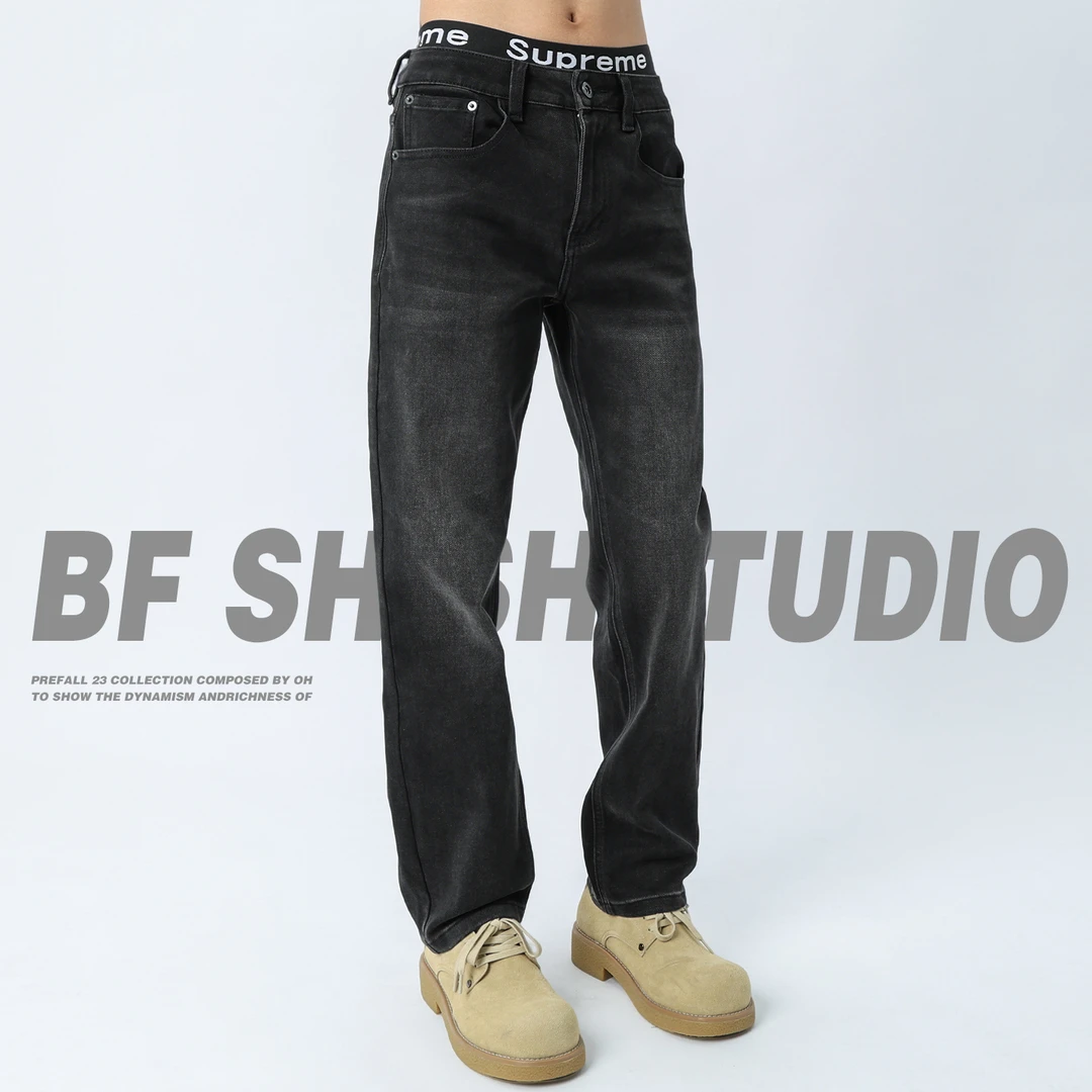 黑灰色牛仔裤2025新款男士窄版直筒裤复古修身潮牌高端休闲长裤子