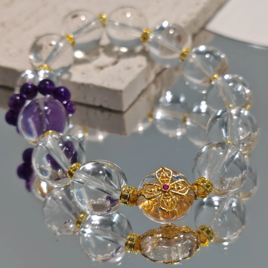 【五台山】白水晶紫水晶925银金刚杵单圈手串（多样性发货 默认微瑕）