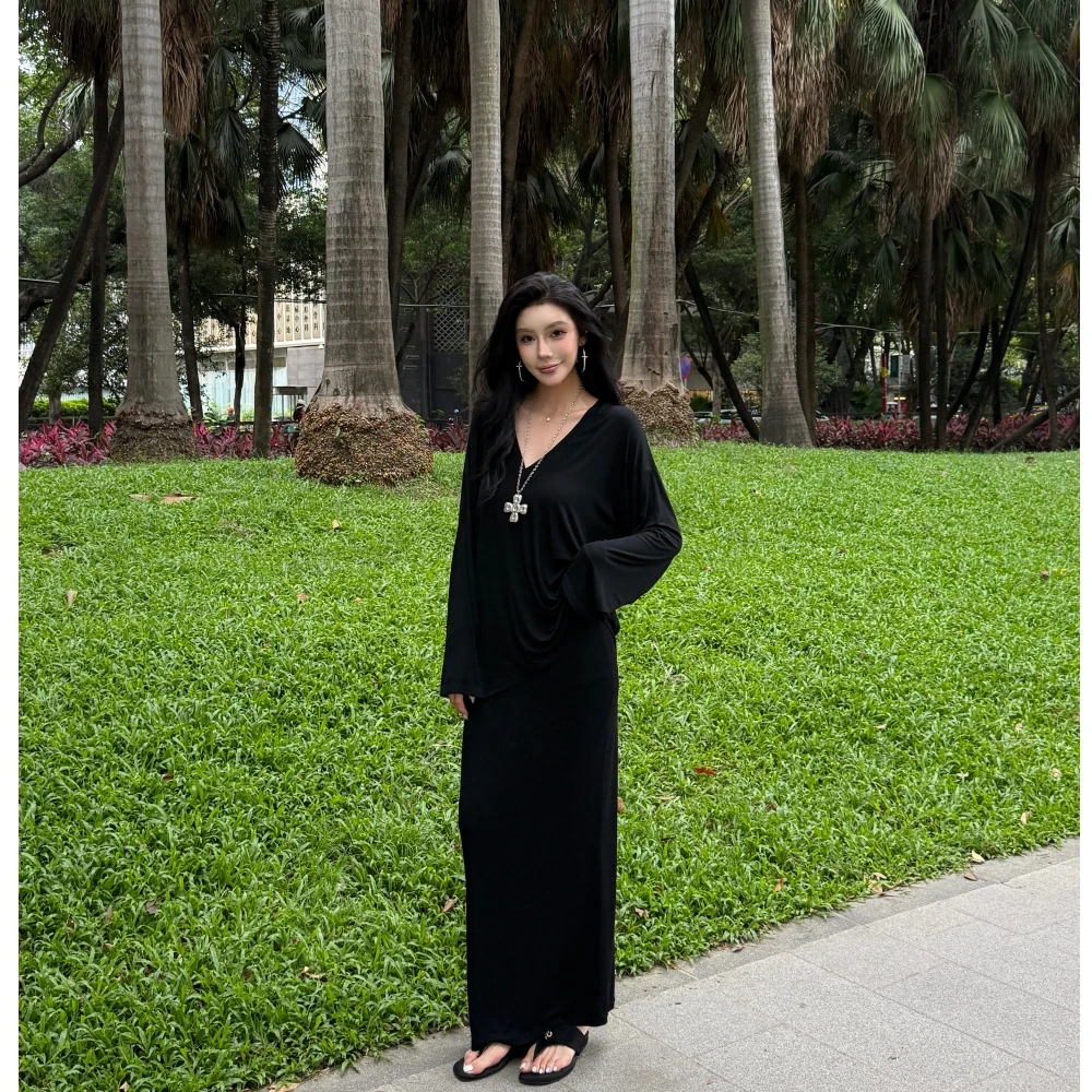 【深呼吸纸片人】松弛感气质宽松长袖T恤女春秋新款显瘦半身裙套装