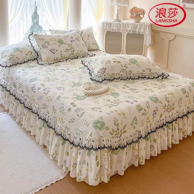 浪莎ins韩式小碎花全棉夹棉加厚床单公主风床裙纯棉床盖三件套