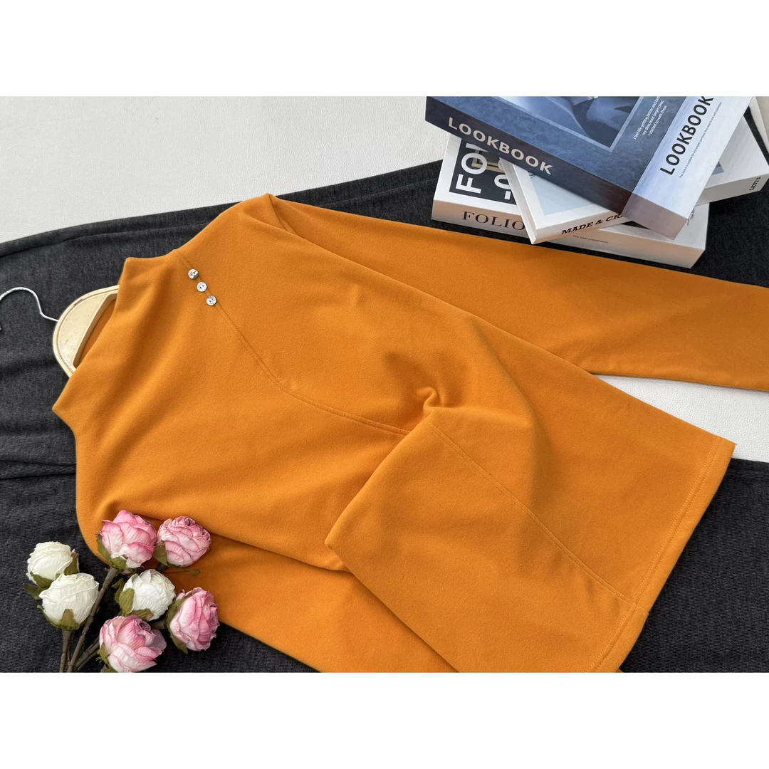 【橘色三颗扣打底】秋季新款时尚长袖针织上衣QC5863