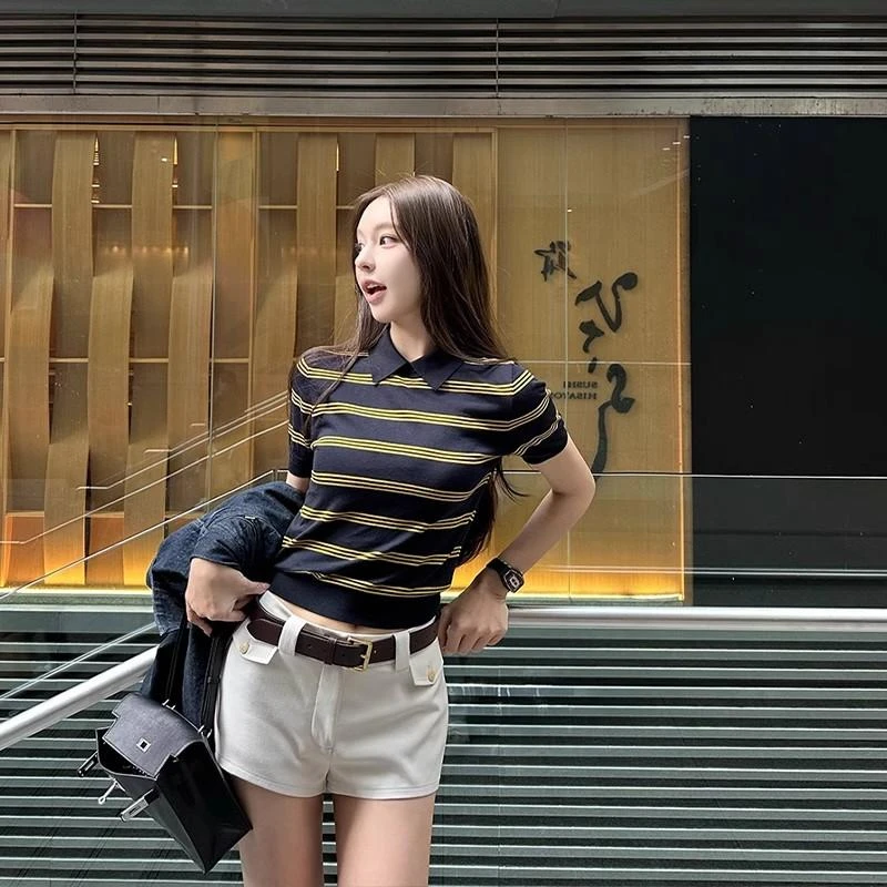 韩系学院风polo领撞色条纹短袖T恤女夏季小众设计感修身显瘦上衣