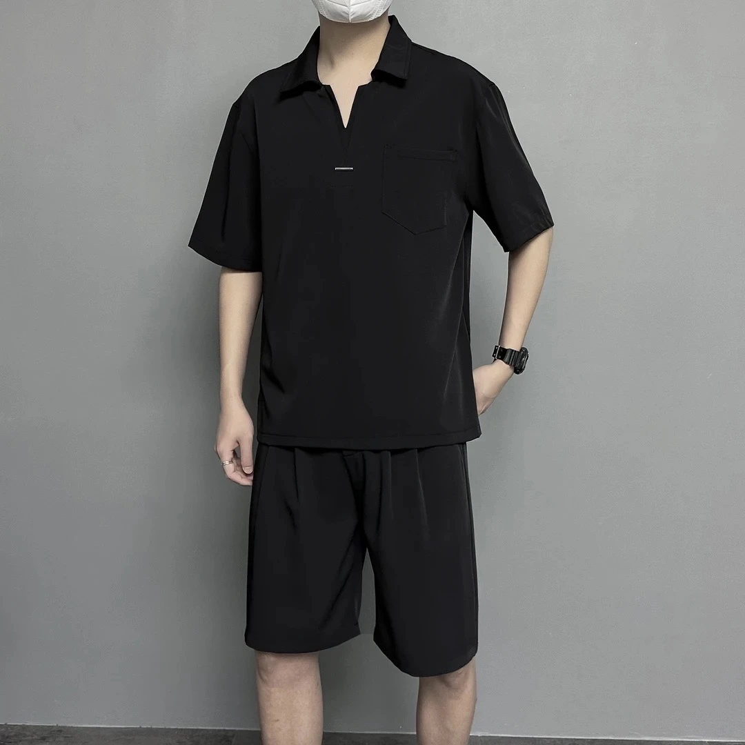 潮男前线夏季休闲时尚V领冰丝衬衫+魔术贴冰丝短裤简约潮流两件装