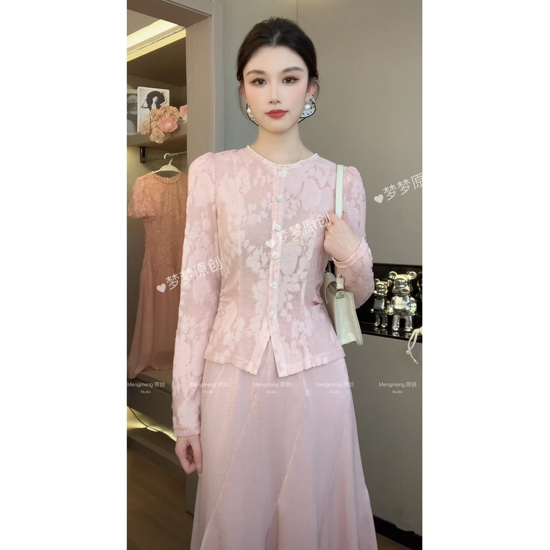 【梦梦&GERTC】粉雾 秋季法式圆领衬衫半裙气质休闲套装 GC252A3154