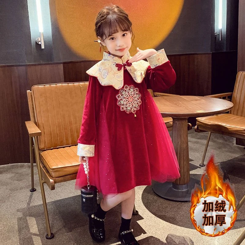 女童加绒连衣裙2025冬装新款女孩时尚汉服公主裙儿童休闲红色裙子