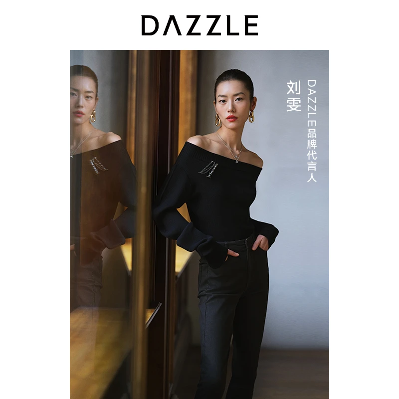 刘雯同款DAZZLE地素新款堆堆袖小众露肩针织衫女2H1E415