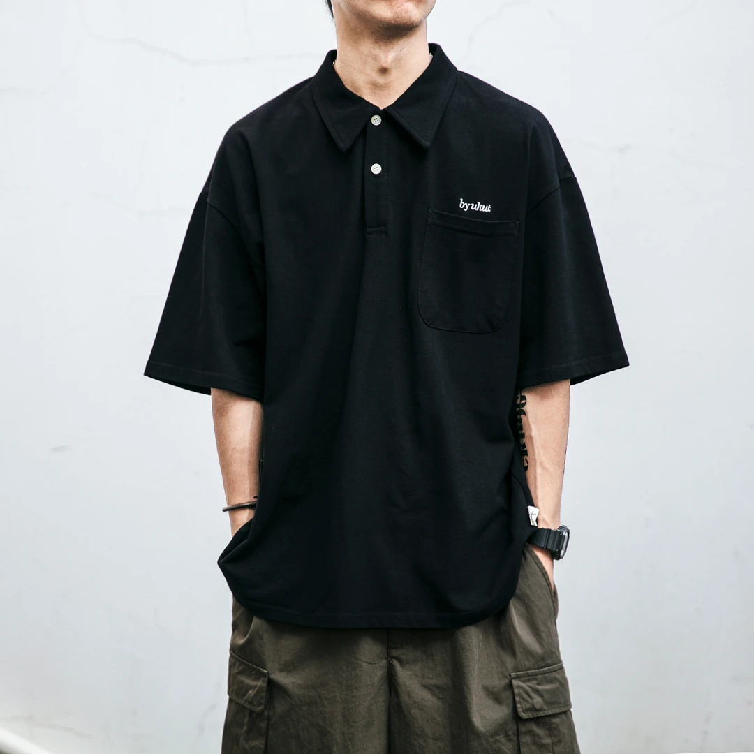 DeweLvum新品舒适日系潮牌口袋刺绣POLO衫男宽松翻领短袖上衣男装