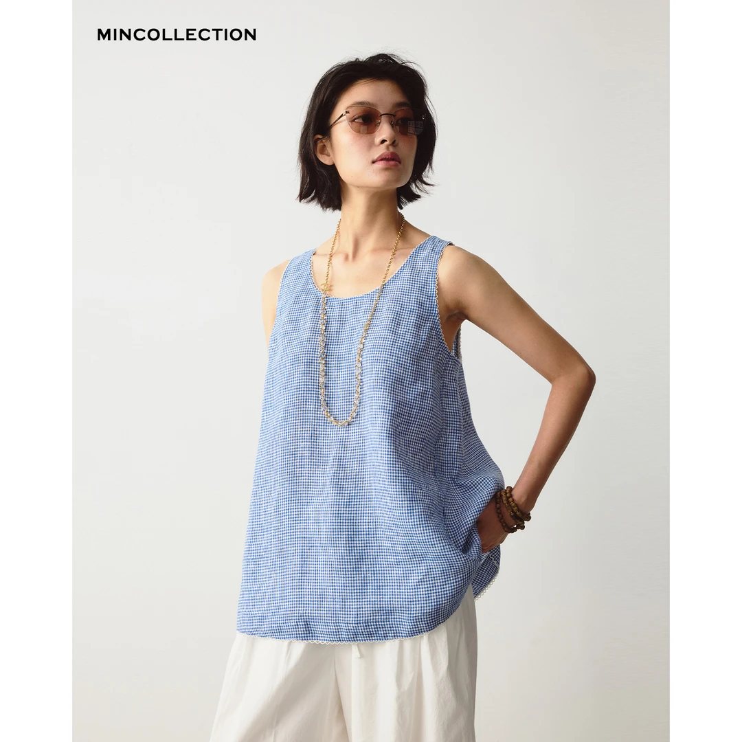 两色亚麻马甲/日系刺绣花边全亚麻无袖马甲40352