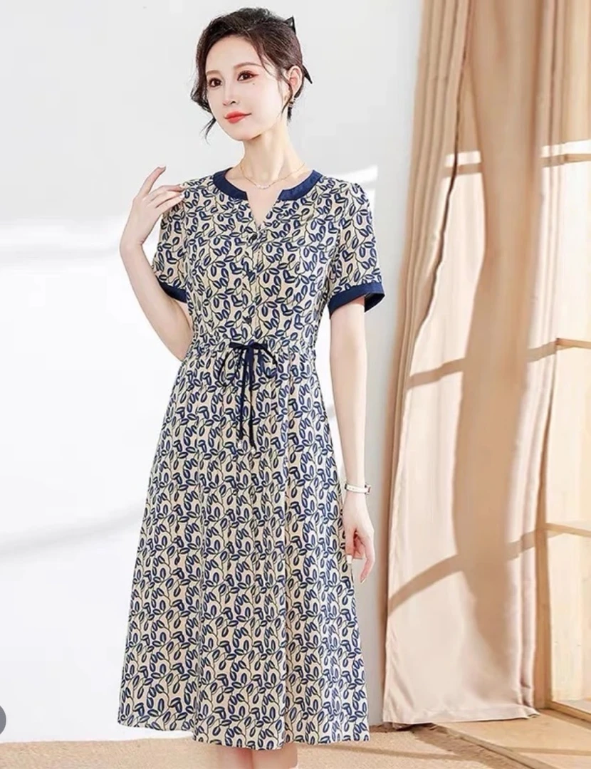 【时装高定款】立领蓝气质修身时尚夏季印花连衣裙女装大码连衣裙