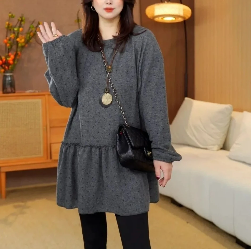 加大300斤可穿大码女秋冬波点木耳荷叶边拼接层次感宽松显瘦上衣