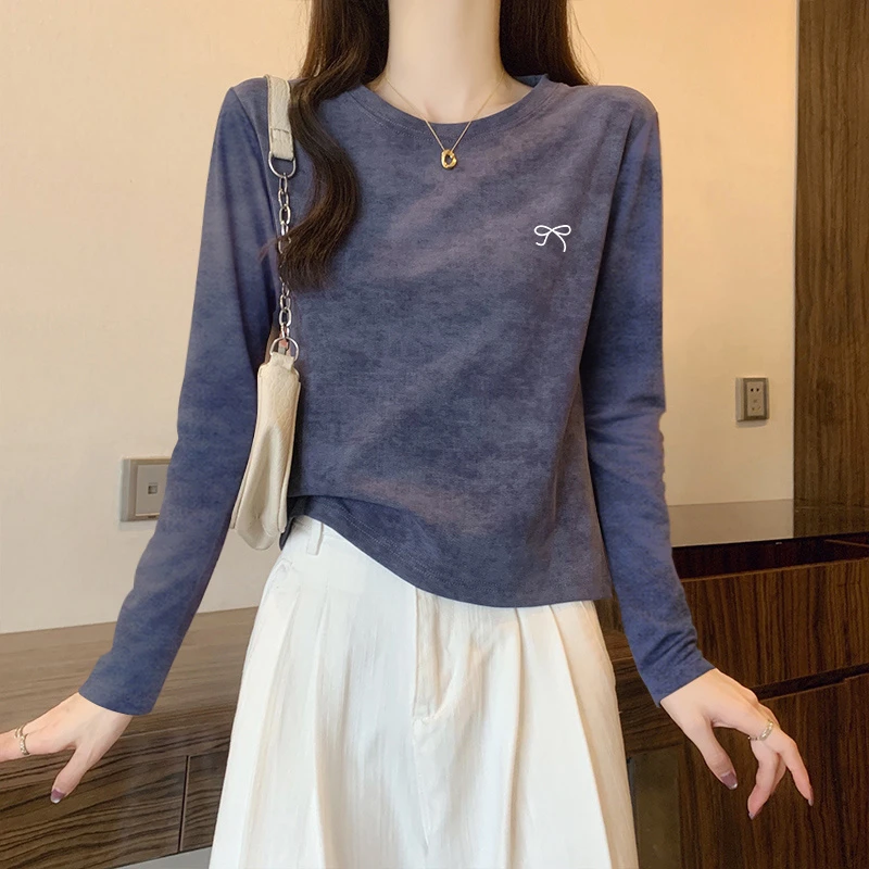 2025新款爆款美式扎染正肩长袖t恤女秋冬季设计感修身打底衫上衣