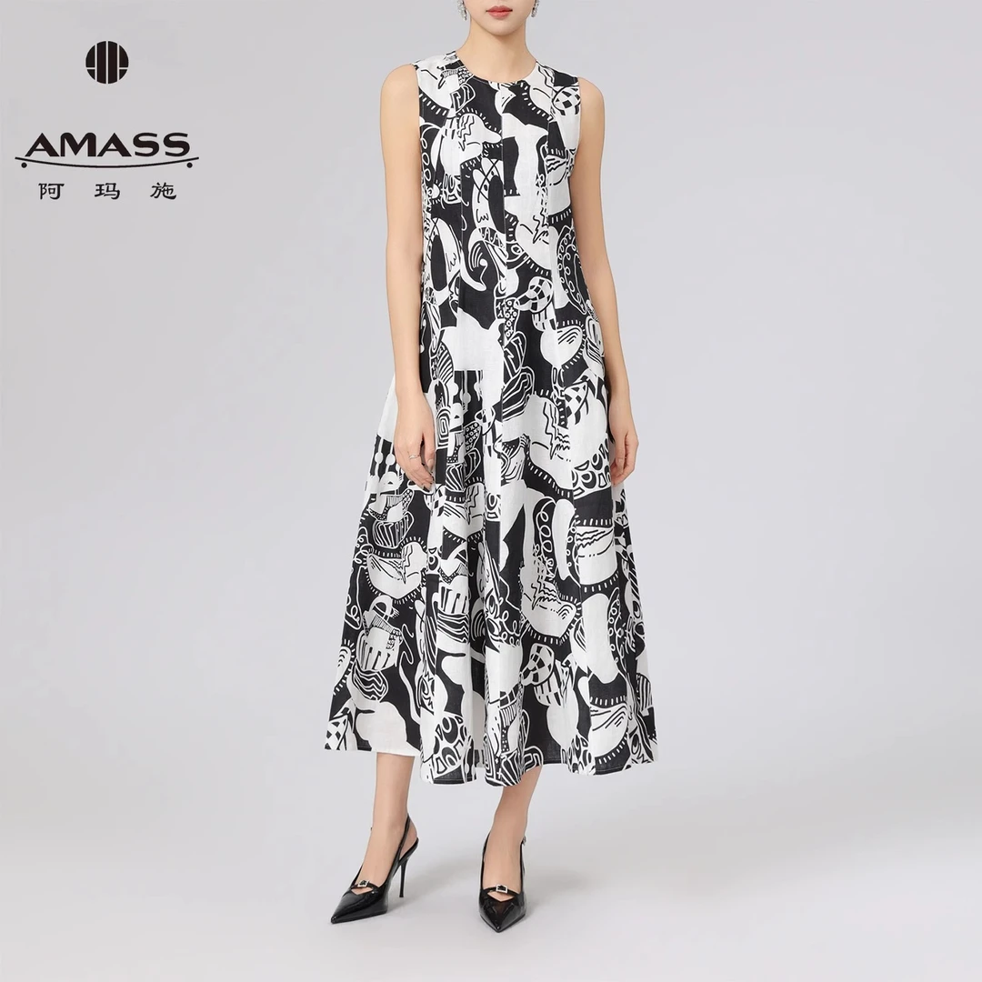 AMASS/阿玛施新款气质时尚休闲亚麻印花无袖连衣裙女长裙5500525