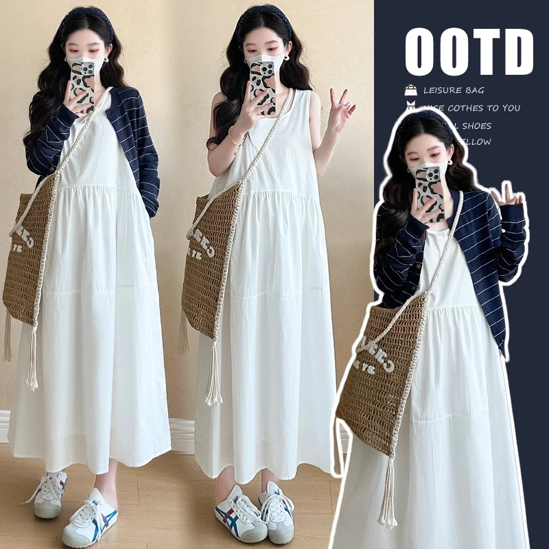 懒洋洋~小个子孕妇装2025春夏新品韩版简约慵懒风背心裙+蓝色开衫