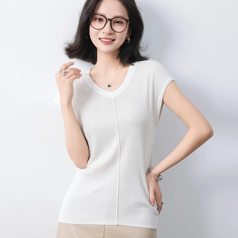 夏季圆领针织短袖T恤时尚百搭轻薄桑蚕丝短袖气质简约精纺圆领