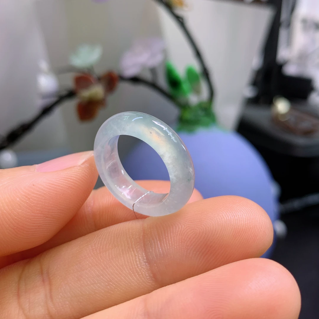 9圈口缅甸天然翡翠A货冰飘浅绿戒指A959#