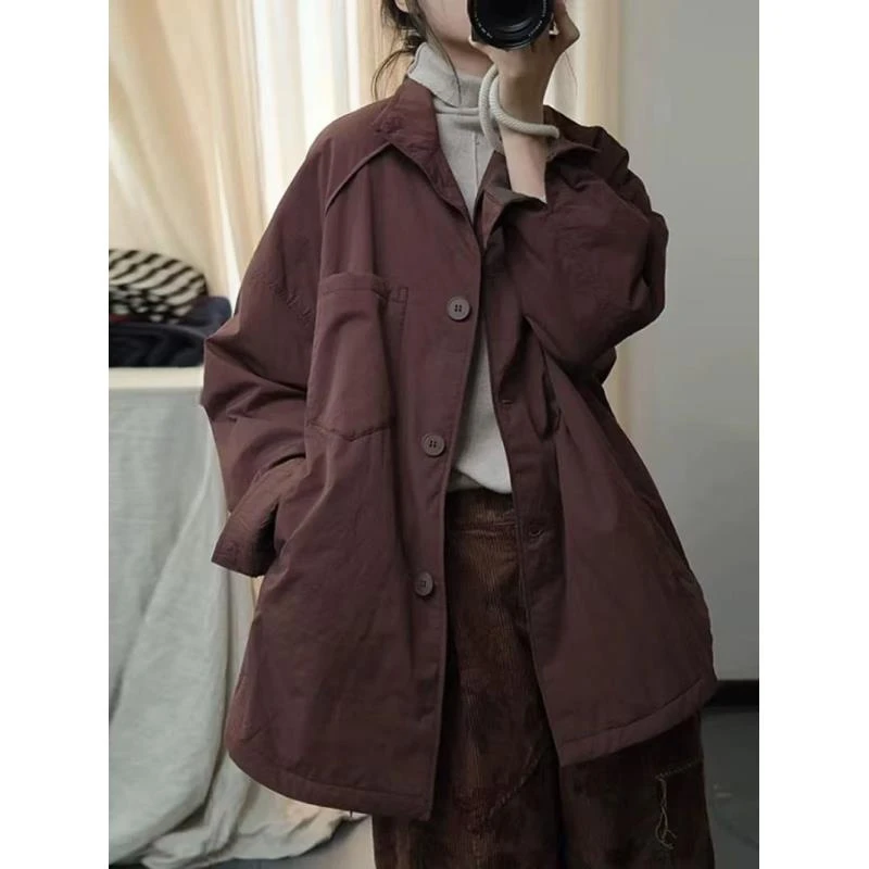 YB 胸146长83长袖上衣外套春秋棉衣大版宽松棉服复古中长款 7623