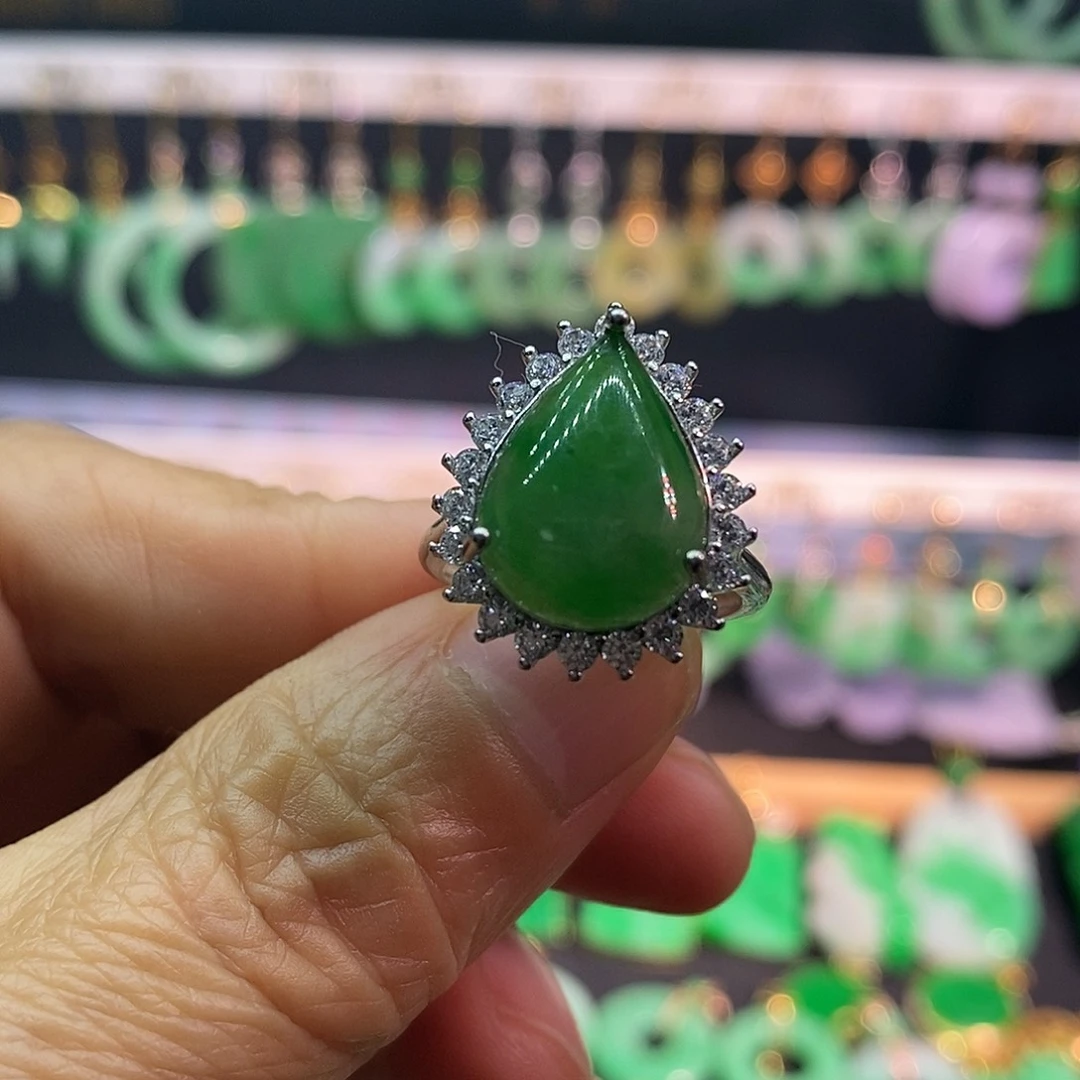 翡翠银S925镀金镶嵌戒指戒指