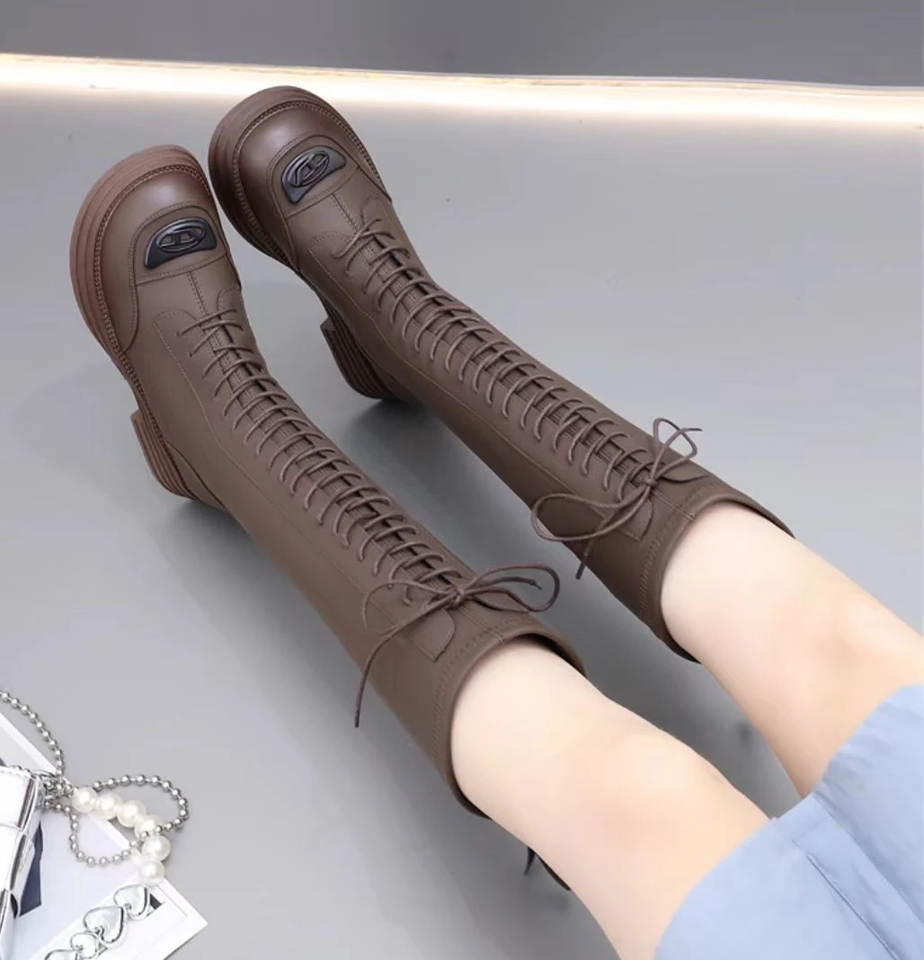 软皮厚底长筒靴女新款秋冬爆款系带显瘦小个子高筒骑士靴181-1M