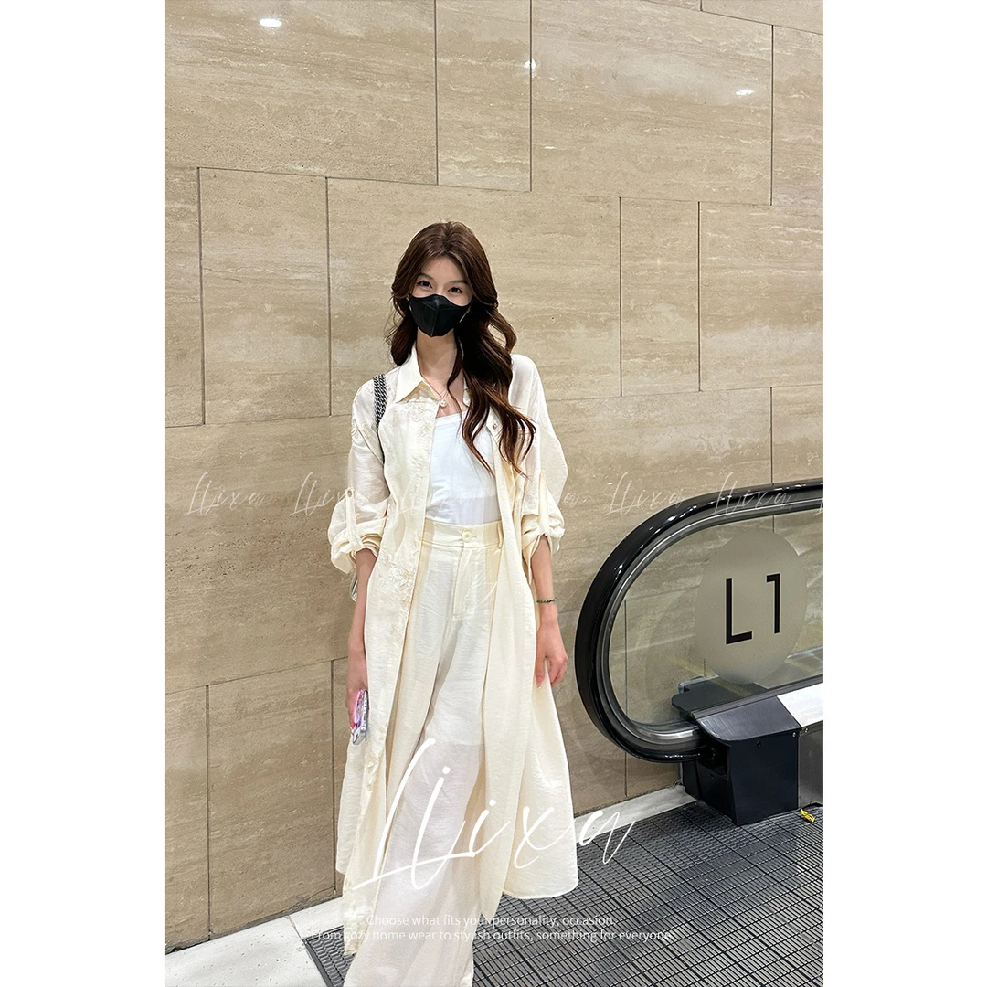 Liixu春夏新款中长款过膝长袖显瘦衬衫时尚阔腿裤三件套24C044