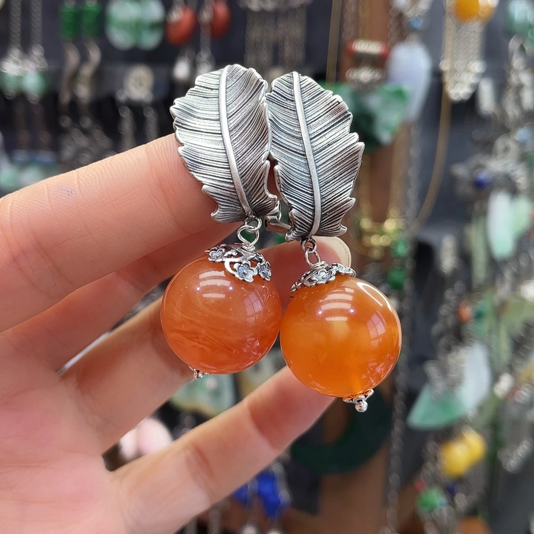 豫***）银S925镶嵌琥珀耳饰587ghhhh