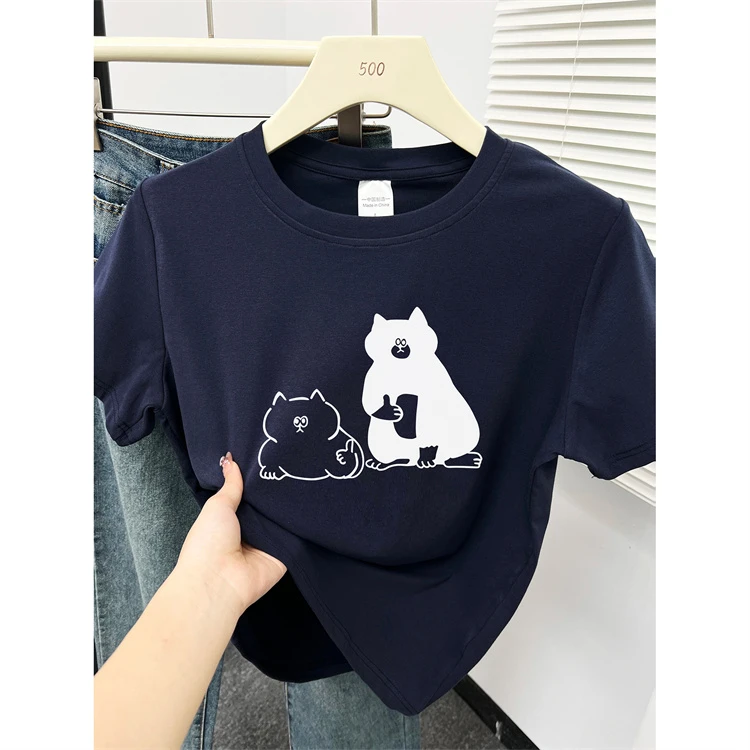 藏蓝色正肩短袖t恤女夏季新款大码胖mm显瘦时尚洋气圆领半袖上衣