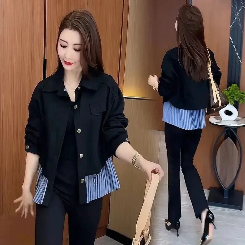 【现货现发】2025秋季新款设计感假两件拼接短外套女时尚减龄夹克衫