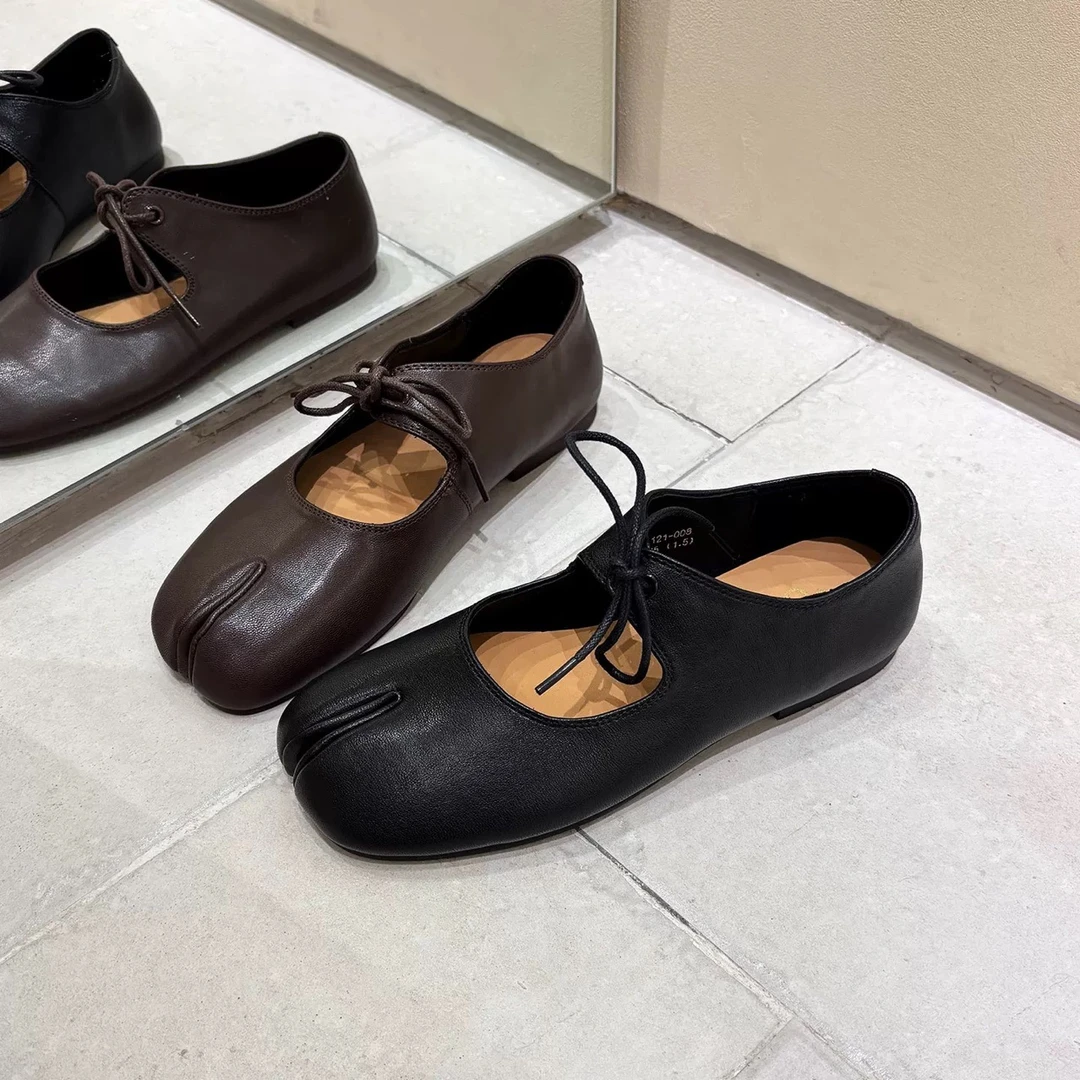 真皮鞋女绑带分趾鞋软底猪蹄褶皱芭蕾舞鞋浅口平底玛丽珍单鞋