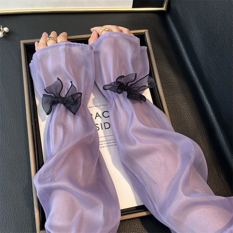 夏季防晒袖套女公主纯色蝴蝶结甜美可爱蕾丝长款网纱薄款仙气冰袖