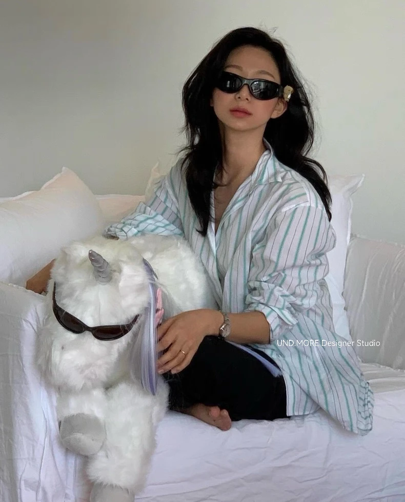 UND（4094#）夏日薄荷气泡水条纹防晒衬衫