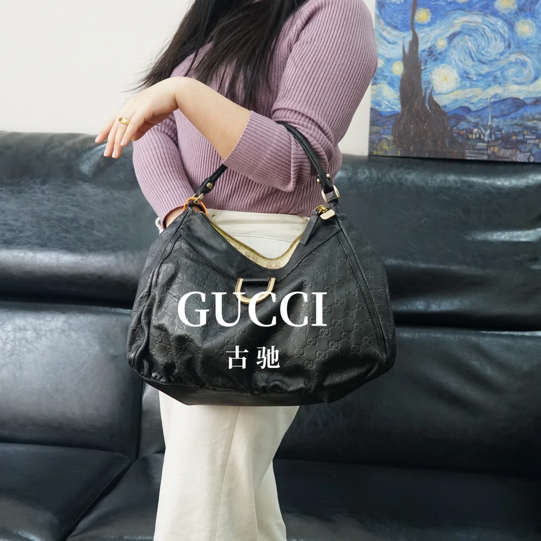 95新 GUCCI/古驰 黑色压纹单肩包/F5YZ08517022/7022