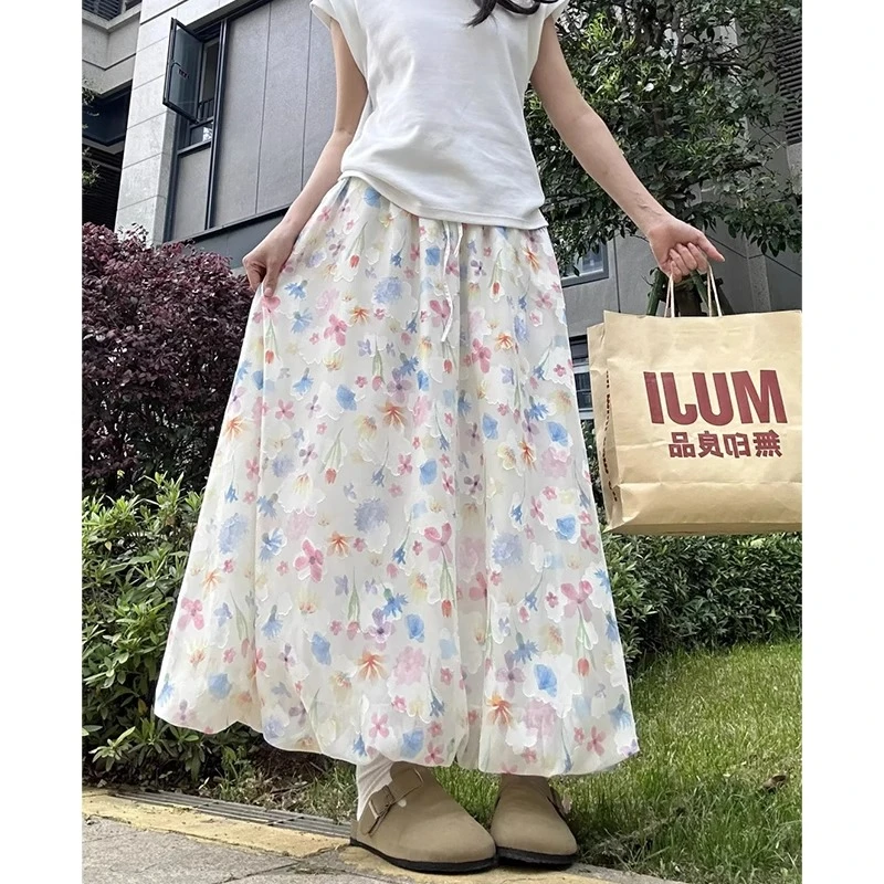 彩色花苞裙长款碎花半身裙女夏季新款a字裙大码胖mm显瘦灯笼伞裙