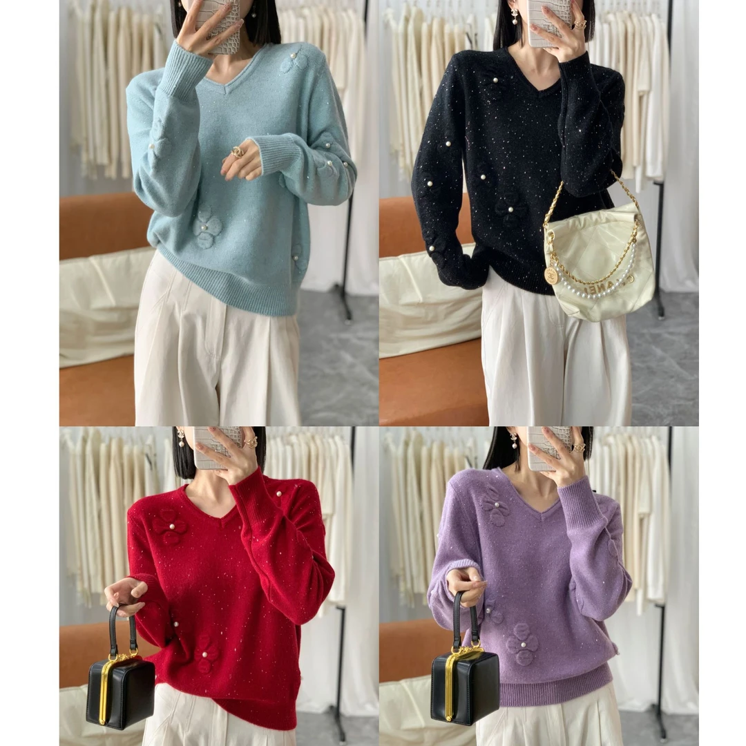 【芊荨精选】2025新款百搭时尚纯色V领气质花朵图案钉珠针织衫S636#
