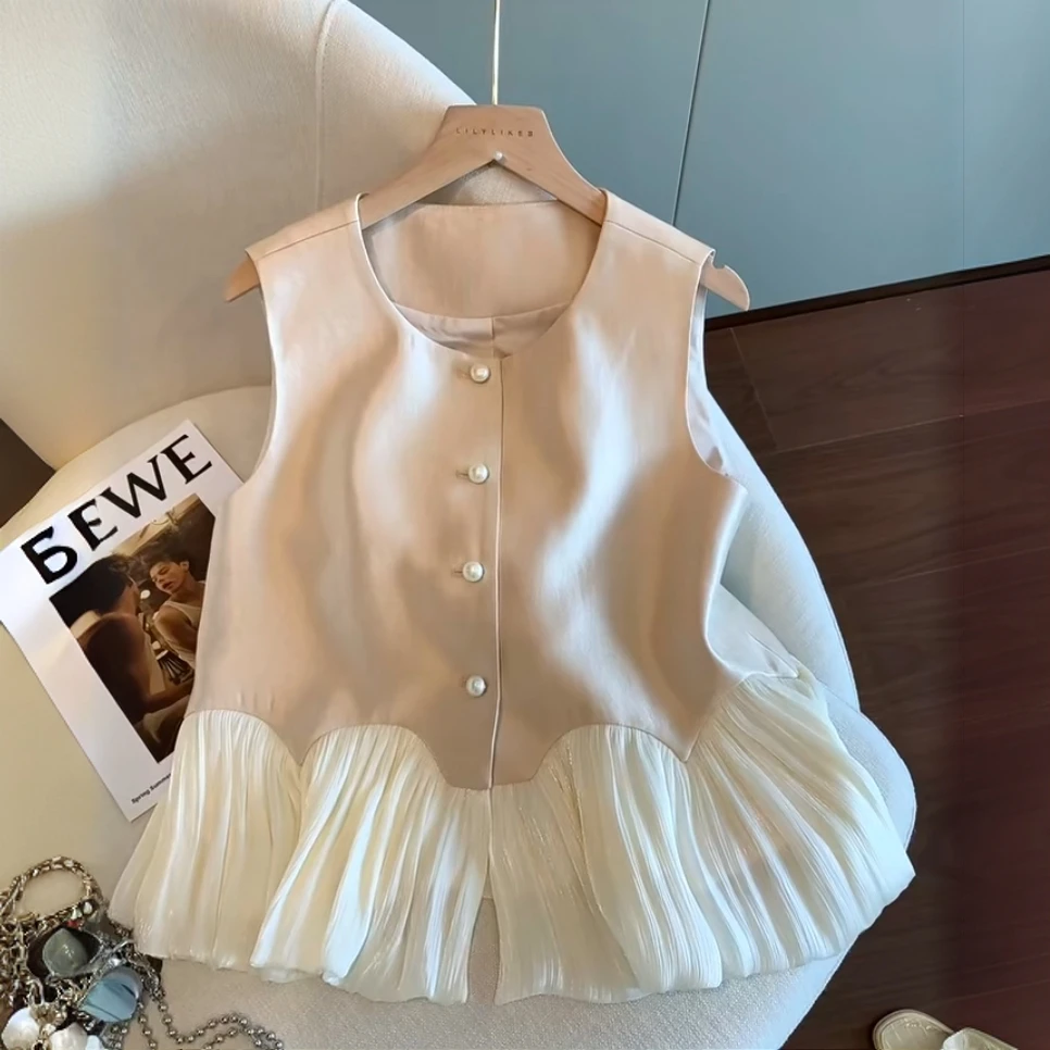 法式珠光网纱拼接无袖上衣女夏季2025新款温柔小香风显瘦马甲背心