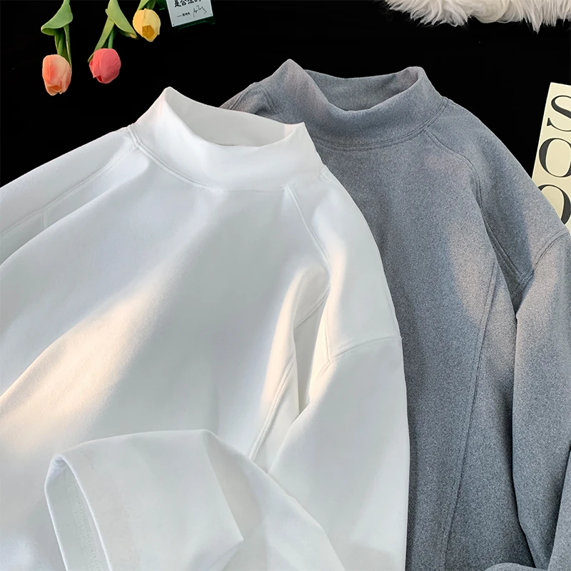 半高领拼接德绒打底衫男款秋冬boxy解构正肩长袖t恤美式复古内搭