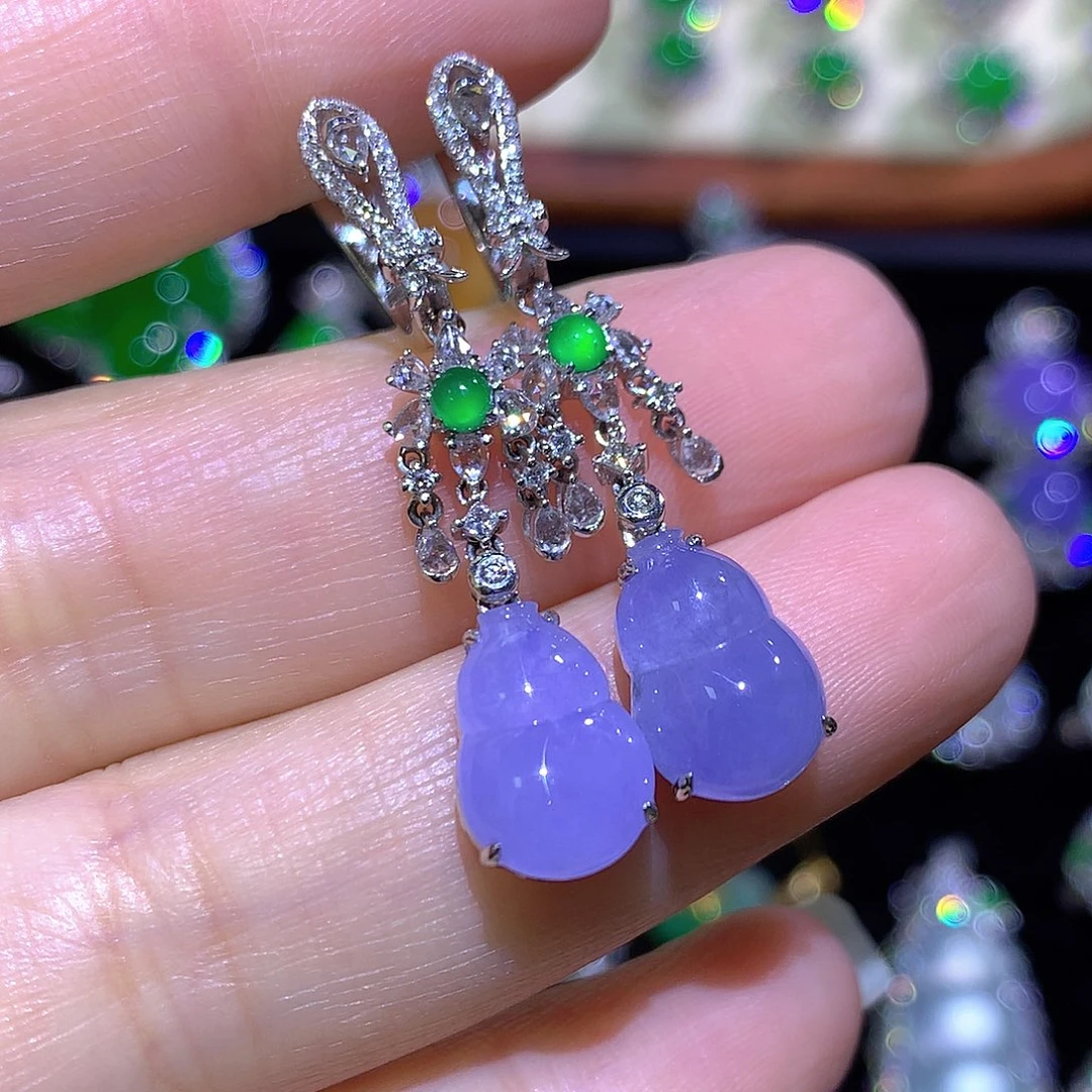 翡翠18K金镶嵌耳饰紫罗兰葫芦