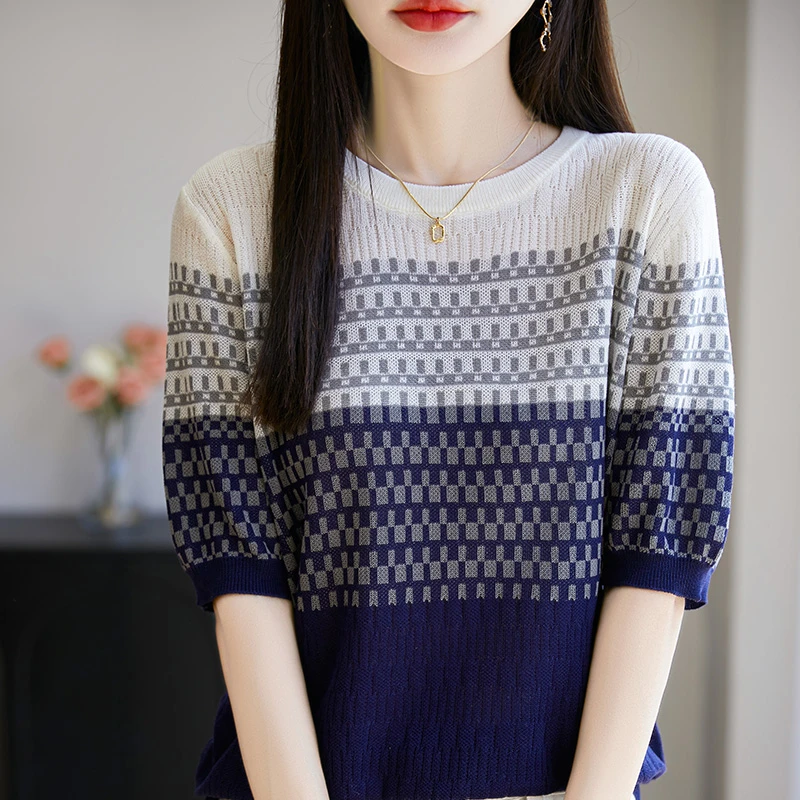 100莱赛尔天~夏季女士扎染渐变撞色圆领镂空显瘦针织衫