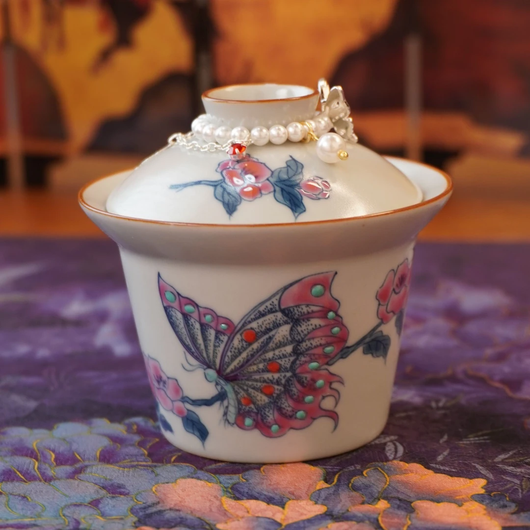 当代 【斗彩蝴蝶·二才盖碗】高档复古陶瓷中式纯手工手绘茶盖碗