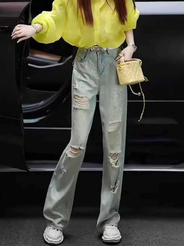 破洞烫钻牛仔裤子女2025春夏季新款休闲宽松高腰浅色阔腿牛仔裤