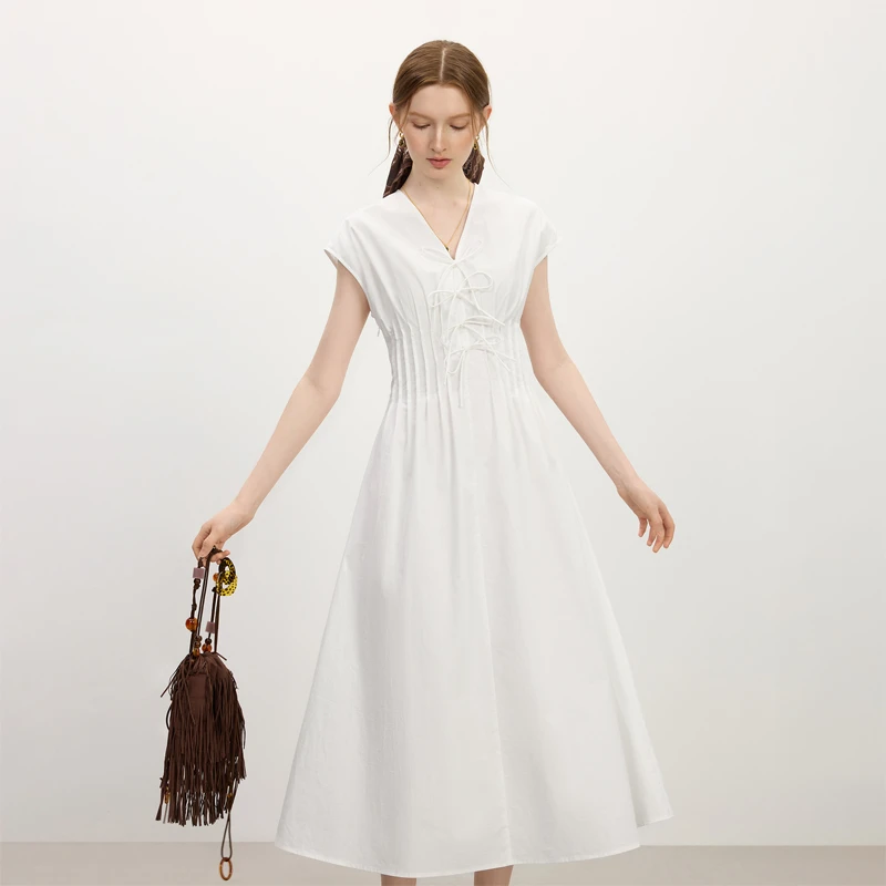 范思蓝恩白色v领蝴蝶结系带收腰连衣裙夏季2025新款裙子25FS12750