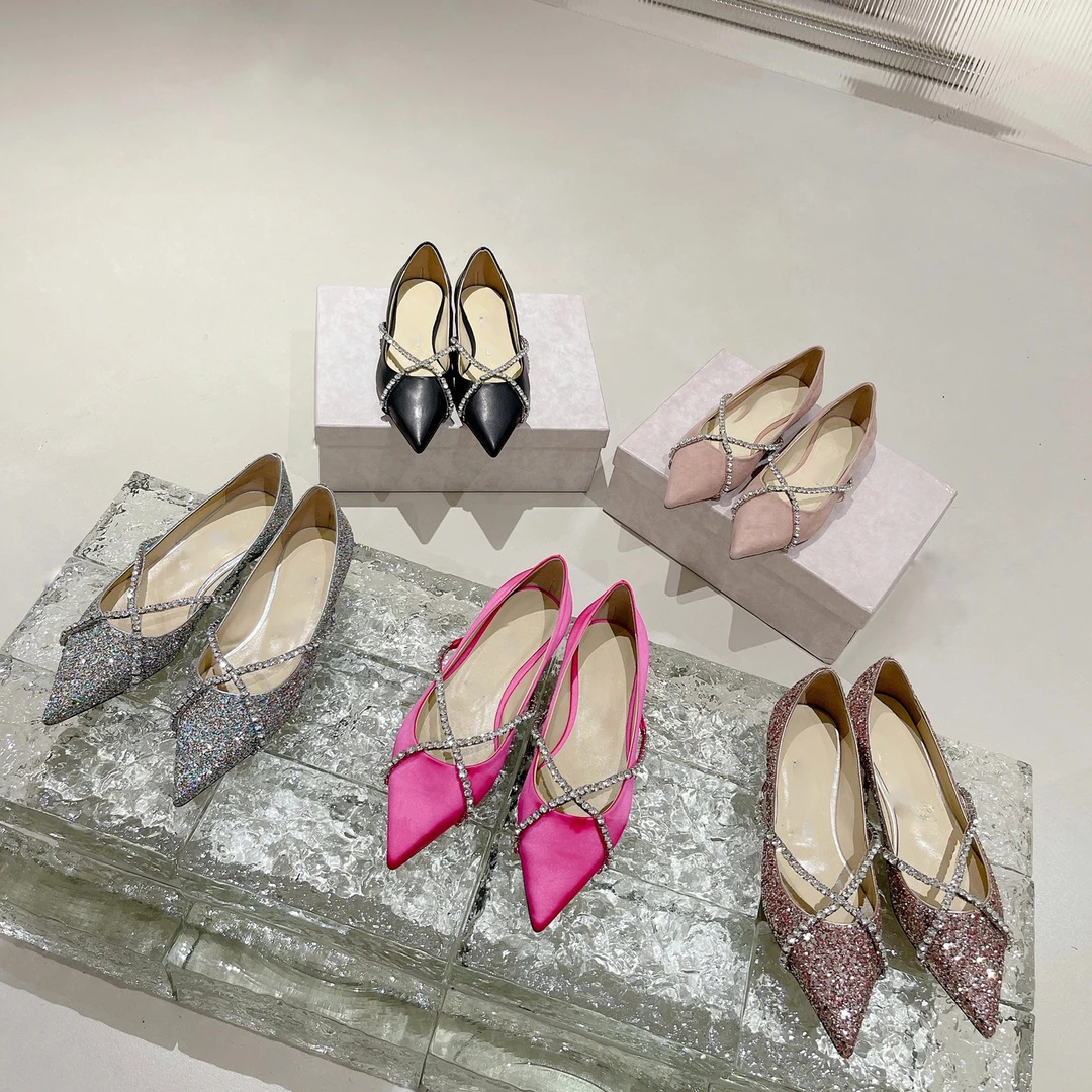 rv 尖头交叉水晶链平底鞋