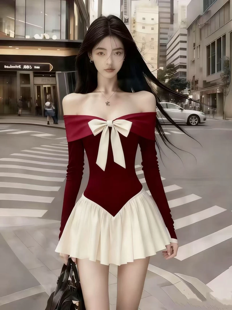 时尚轻奢温婉千金风酒红色一字领露肩长袖修身收腰气质显瘦连衣裙