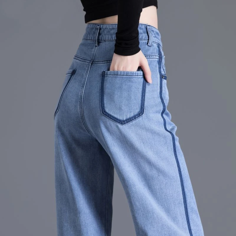 女士牛仔裤女2025年新款高腰直筒裤宽松软裤子小个子撞色阔腿裤女